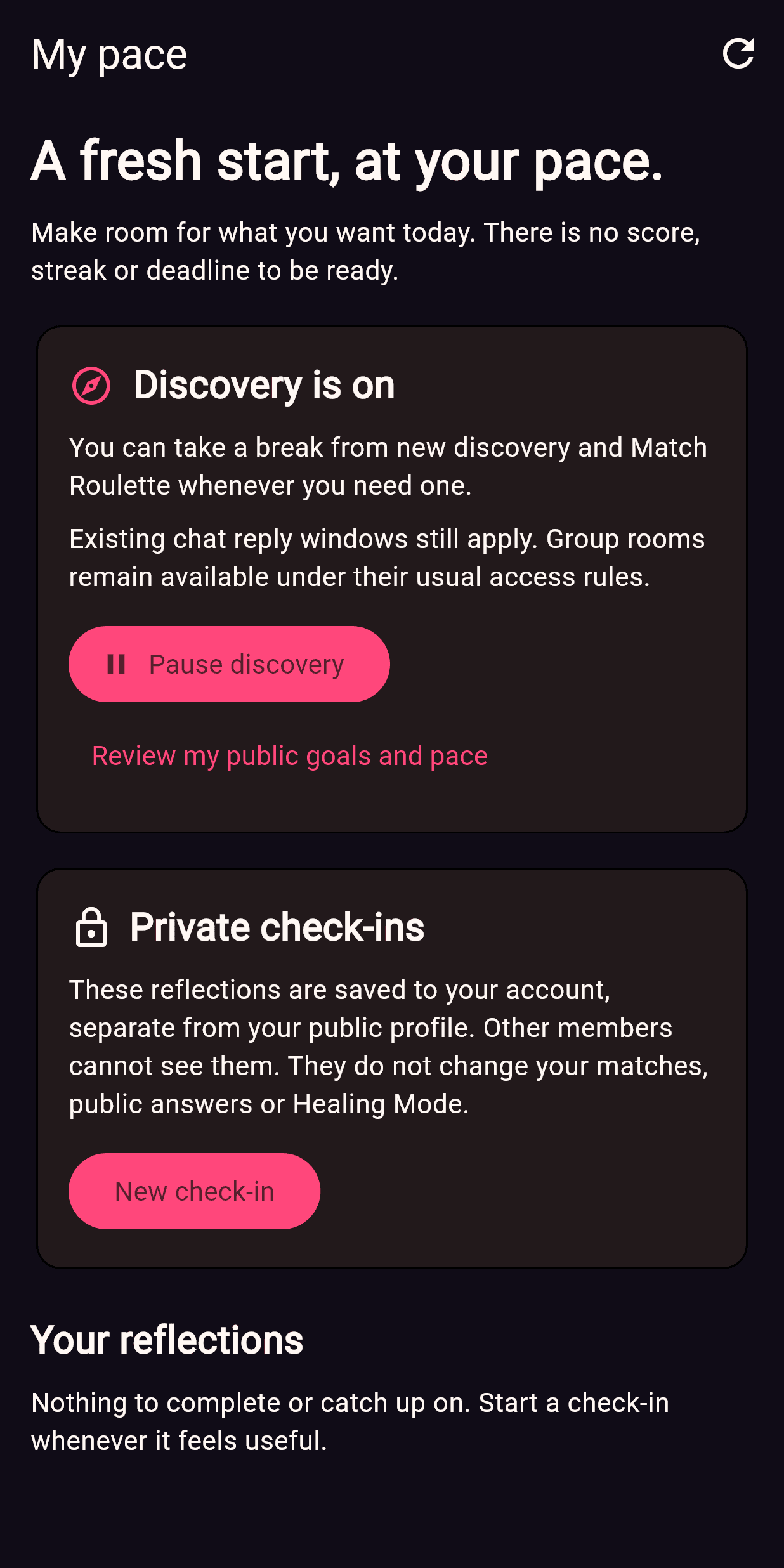 My pace screen showing a discovery pause and private check-in controls.