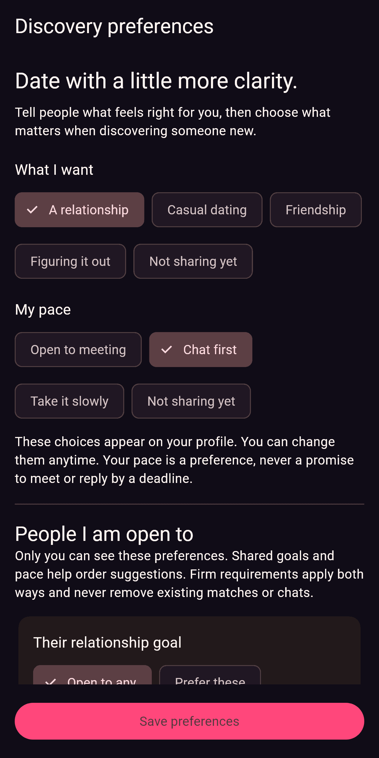 Back At It discovery preferences with relationship goals and options to chat first or take it slowly.