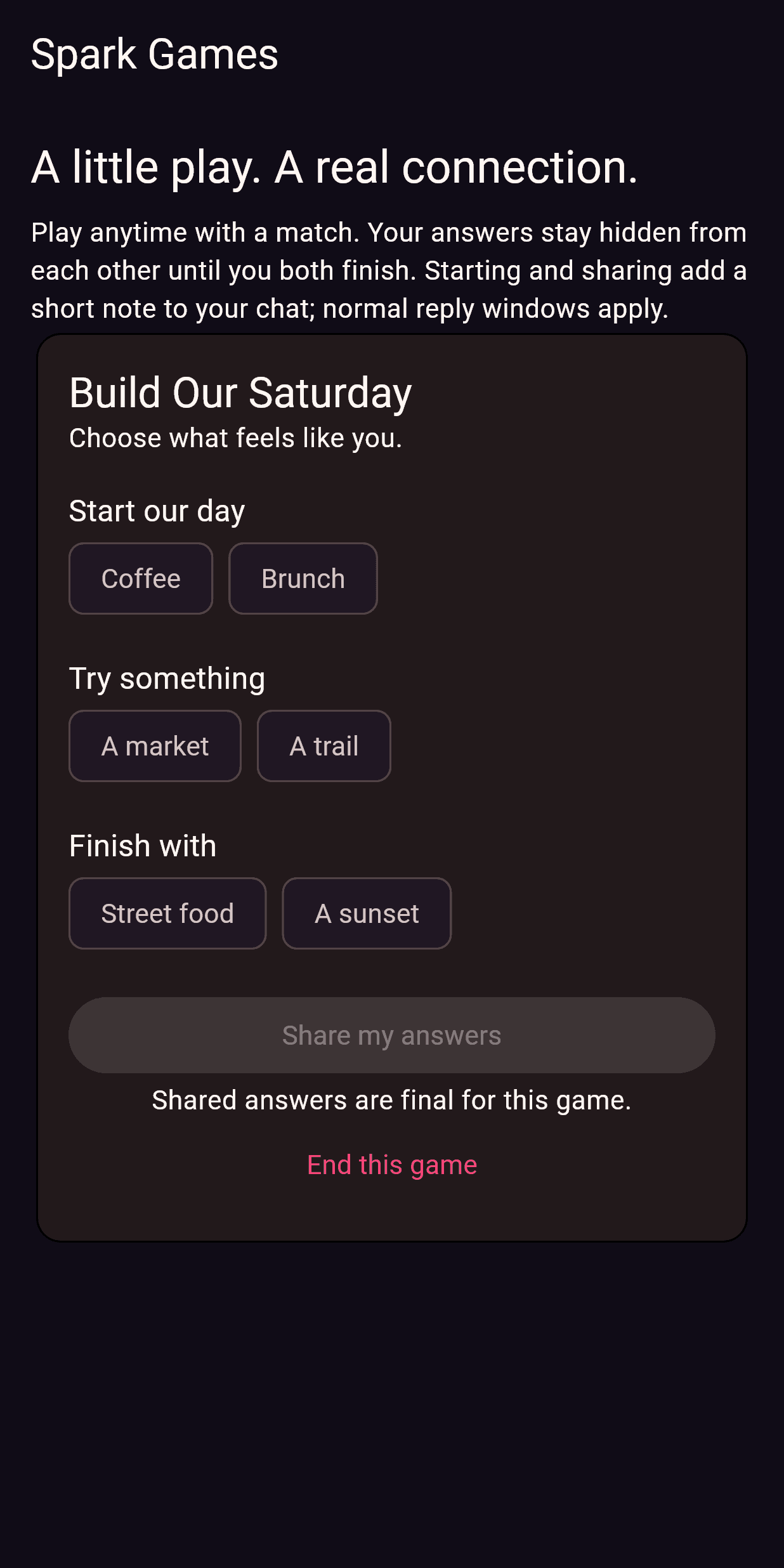 Spark Games Build Our Saturday screen with coffee, brunch, market and trail choices.